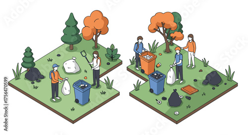 Isometric landscape with people collecting trash in park wearing masks for en…