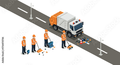 Isometric city workers cleaning street with truck and tools