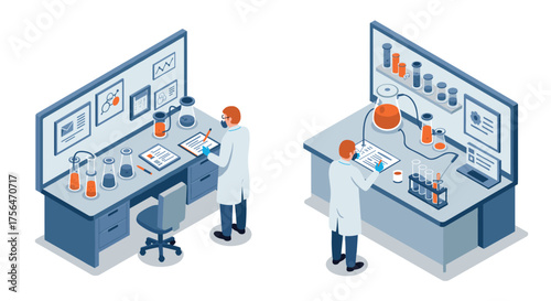 Isometric laboratory scientists conduct experiments in modern research facility