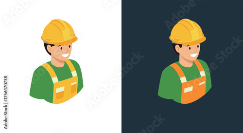 Isometric construction worker icon on dual background