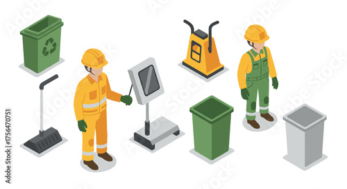 Isometric waste management: recycling bins, workers, and equipment set