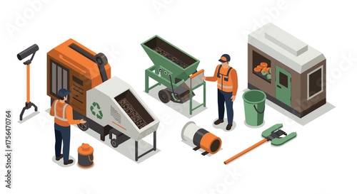 Eco-friendly waste management equipment with workers in isometric design
