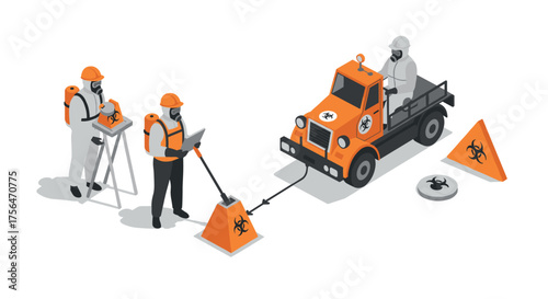 Isometric biohazard cleanup crew in protective gear with equipment and signs