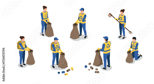 Volunteers collecting litter in isometric style for environmental cleanup