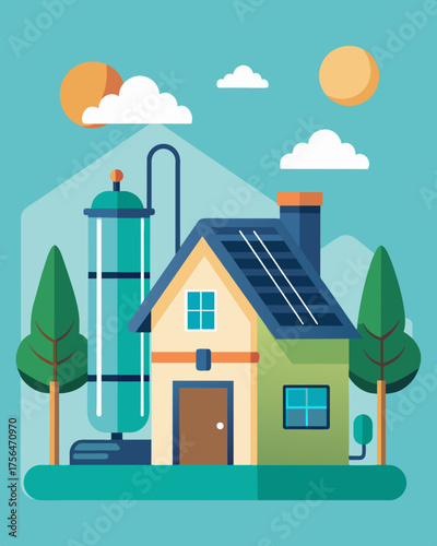 A modern ecofriendly home boasts a solar water heater system reducing its residents carbon footprint and utility bills at the same time.. Vector illustration