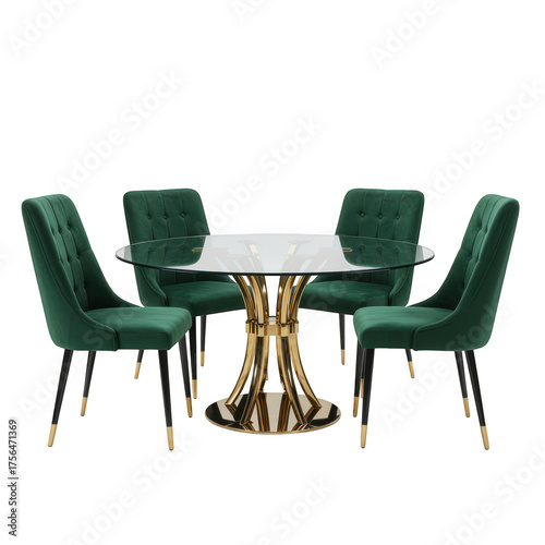 Elegant green velvet dining chairs around a marble top table with gold pedestal base isolated on transparent background
