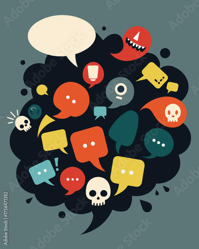 A swarm of speech bubbles filled with harmful words and toxic expectations creating an unwelcoming and hostile environment for those who dont fit societal norms.. Vector illustration