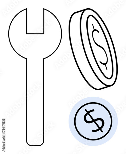 Wrench next to a dollar coin symbolizes maintenance, repair, and investment management. Ideal for financial planning, cost optimization, savings, services, budgets, resource allocation simple flat