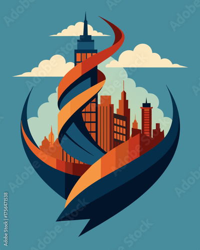 A photograph of a city skyline with the buildings bent and twisted in a warped distorted manner.. Vector illustration