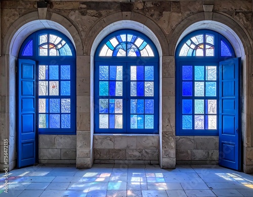 Three vibrant stained-glass windows with blue hues in a stone structure. Light creates colorful shadows