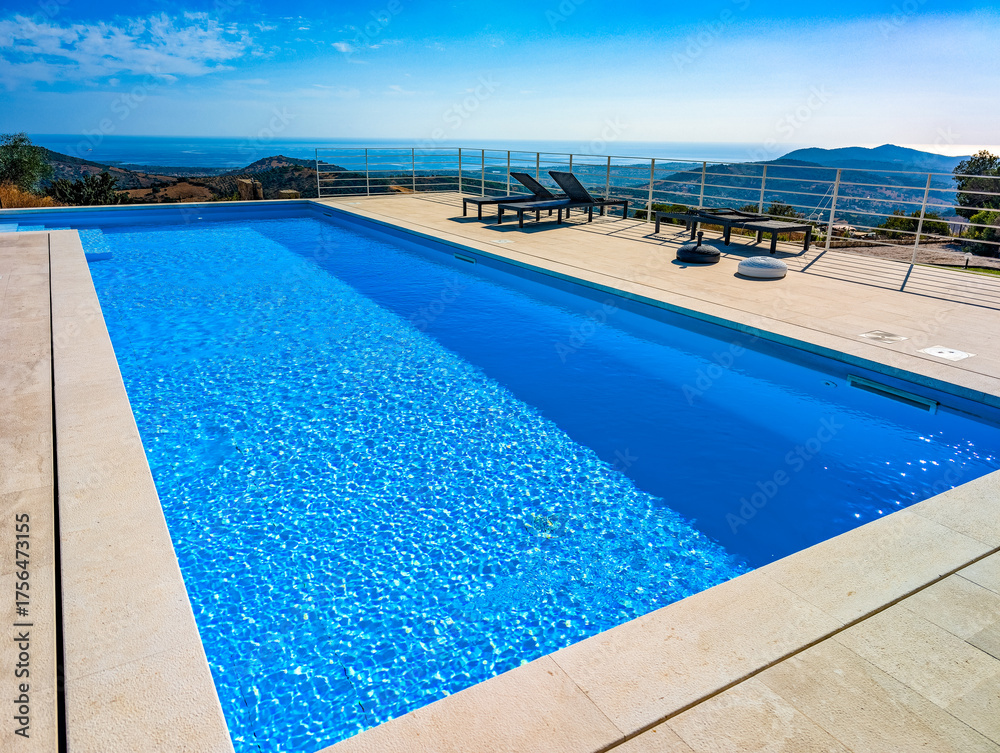 Fototapeta premium Infinity Pool Overlooking the Mediterranean Sea and Hills at Sunset – Luxury Villa View