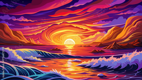 Very beautiful breathtaking sunset with waves crashing on the shore, vibrant orange and purple sky, and a dramatic ocean scene filled with motion, color, and peaceful energy.