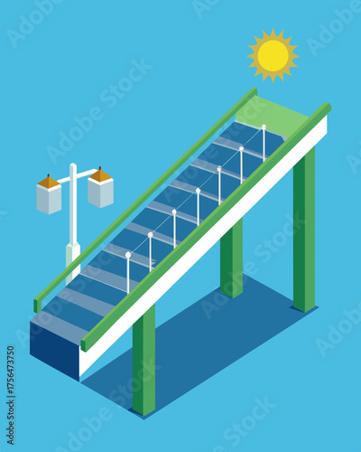 A pedestrian bridge featuring solar panels atop its railing providing energy for the citys streetlights and reducing the carbon footprint.. Vector illustration
