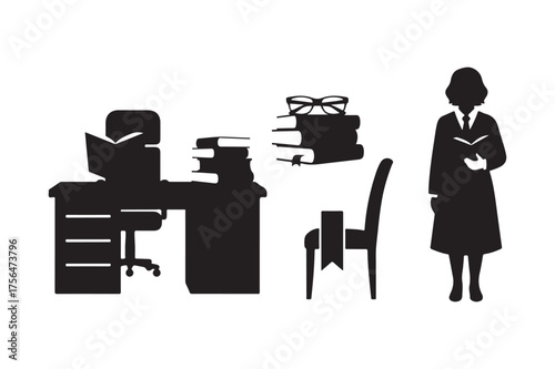 Silhouette of a librarian and study area with books