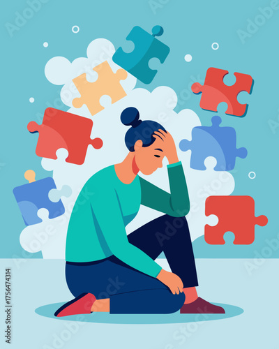 A person sitting in front of a puzzle struggling to make sense of the jumbled and mismatched pieces symbolizing the confusion caused by cognitive dissonance.. Vector illustration