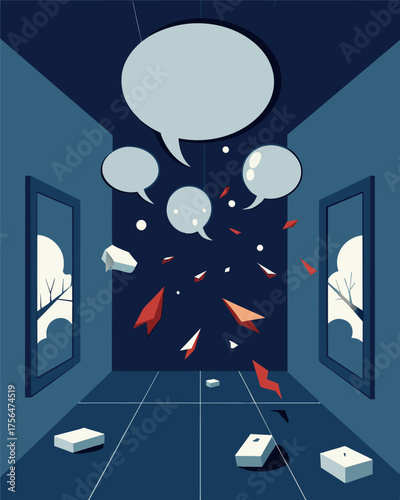 A room filled with shattered mirrors each one reflecting a different speech bubble filled with insults and manipulation.. Vector illustration