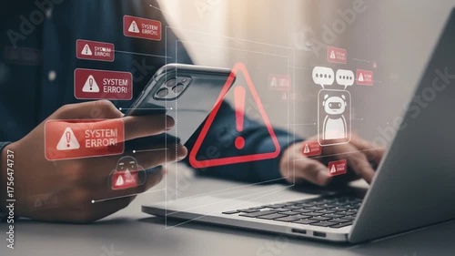 Frustrated user encountering critical system errors on phone and laptop, seeking urgent tech support solutions and digital security