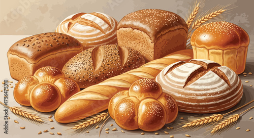 Vector illustration of a delicious assortment of freshly baked bread, including loaves, baguettes, and rolls, artfully arranged with wheat stalks