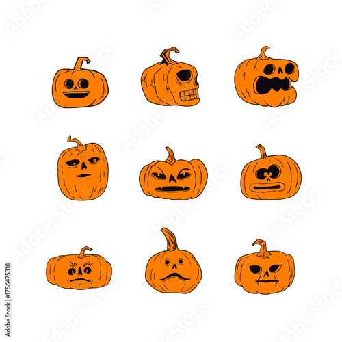 Halloween pumpkins with funny and spooky carved faces, hand drawn vector illustration