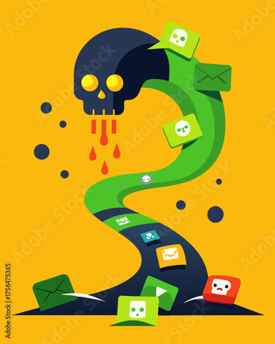 A stream of toxic messages constantly appearing leaving a trail of destruction.. Vector illustration