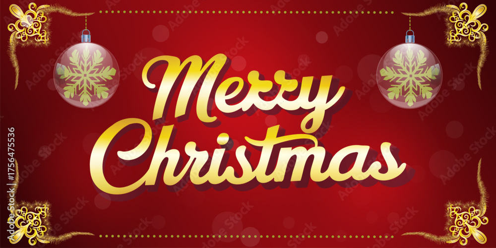 Naklejka premium Luxurious Merry Christmas card design with golden text, ornaments, and snowflakes on a red festive background perfect for holiday greetings and digital invitations.