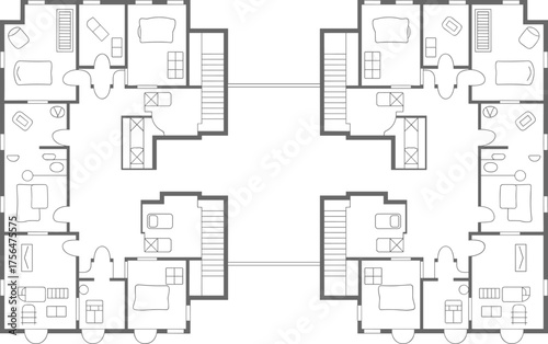 Architectural multi-unit residential floor plan, mirrored layout, apartment blueprint, interior design, furniture symbols, vector illustration, CAD drawing flat vector illustration