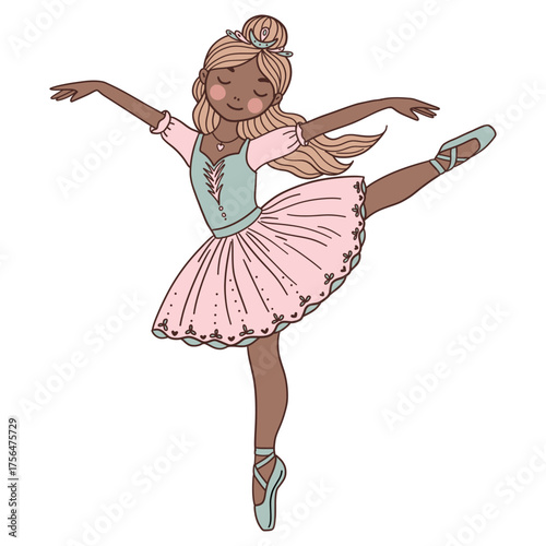 Elegant hand-drawn doodle illustration of a graceful ballerina dancing in a romantic tutu and delicate tiara. Soft lines and festive charm make it perfect for holiday cards and winter designs.