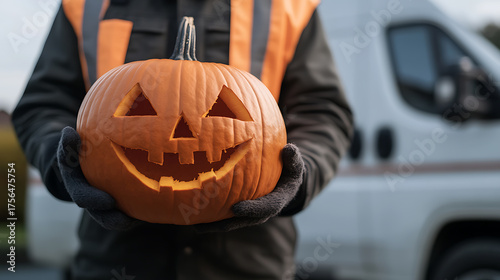 Person holding a carved pumpkin with a smiling face, celebrating Halloween, with a vehicle in the background