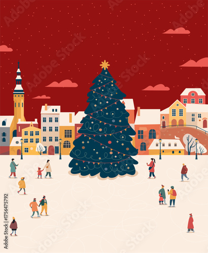 City square with Christmas tree and people skating on ice rink, vector poster template for holiday banner