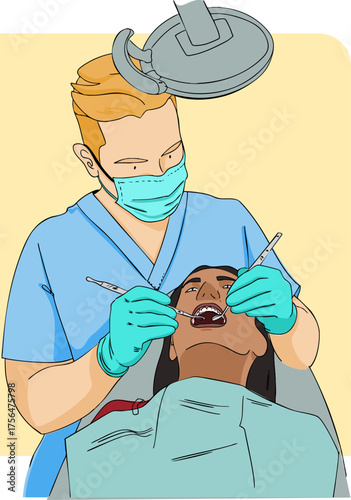 In the dentist's office. A dentist is treating a woman's teeth. Vector illustration.