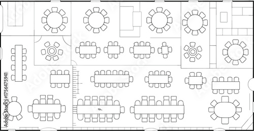 Office layout plan, collaborative workspace design, lounge and meeting zones, CAD drawing, black and white vector architectural illustration