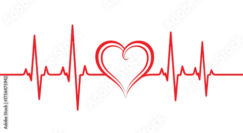 Vector illustration of a red electrocardiogram ecg heartbeat line with a stylized heart shape in the center, symbolizing love and life, isolated on a