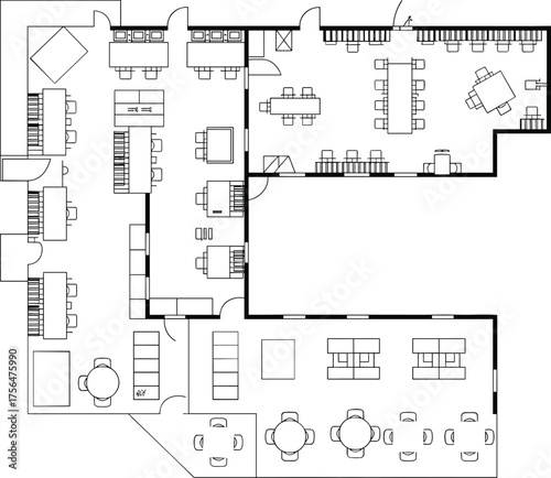 Restaurant layout plan, café floor design, seating arrangement vector, CAD drawing, black and white architectural illustration, interior space schematic