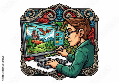 Young man wearing glasses focused on computer screen creating digital art.