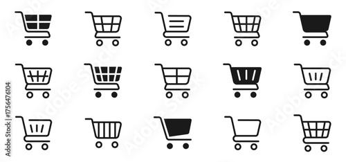 Shopping basket icon set. Trolley and grocery basket. Internet shop or store. Buy on market or supermarket. Shopping cart line and flat icon. Internet shop symbol. Editable stroke. Vector illustration