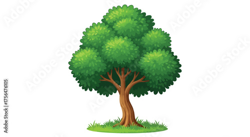 Vector illustration of a vibrant green deciduous tree with a sturdy brown trunk and lush foliage, standing tall on a patch of green grass