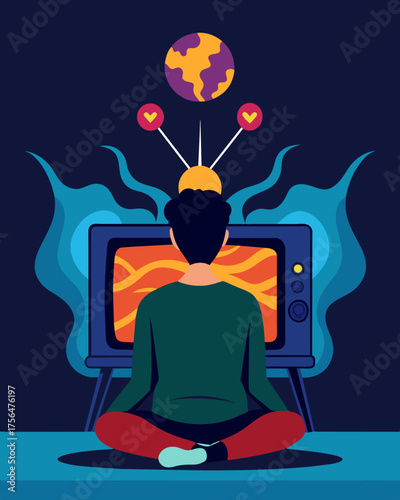 A person sitting in front of a television screen mesmerized by the subliminal messages and mindaltering content.. Vector illustration