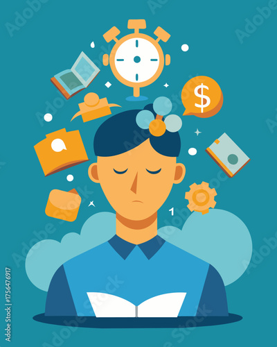 A splitting headache of clocks dollar signs and blank pages bursting out of a persons head signifying the mental strain and financial burden of stress.. Vector illustration