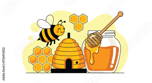 Vector illustration of cute bee flying near a beehive with honey and honeycomb