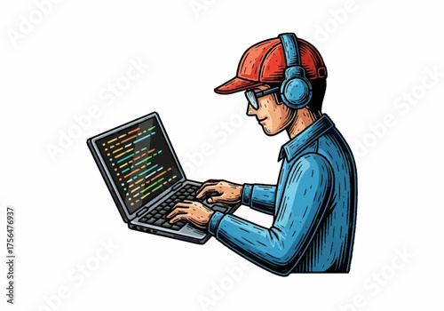 Young programmer wearing headphones and glasses intently typing on a laptop computer displaying code.