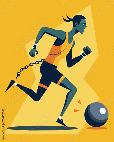 A runner races towards the finish line with a ball and chain labeled Stress attached to their ankle slowing their progress.. Vector illustration