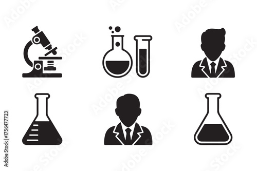 Science and research icons featuring microscope beakers and scientists