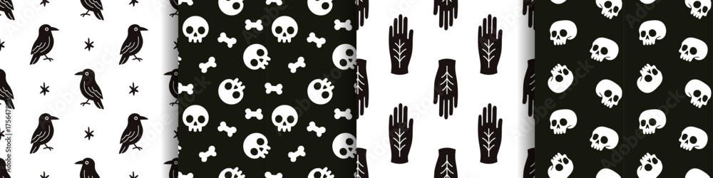 Fototapeta premium Vector cute halloween seamless pattern set with skulls, hands, crows and bones. Simple spooky halloween designs for wrapping paper, wallpaper, textile, party and gothic decor. Scary collection.