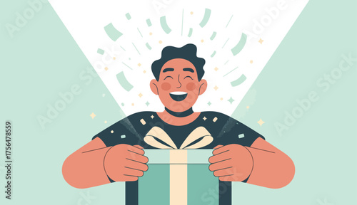 Thrilled Man Opening Gift Box With Confetti On Light Green Background