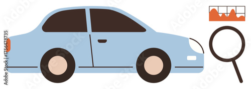 Light blue car beside magnifying glass and performance chart. Ideal for automotive diagnostics, data analysis, inspection, maintenance, research, evaluation, simple flat metaphor