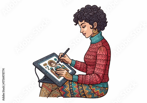Young woman artist drawing on a digital tablet with a stylus pen.