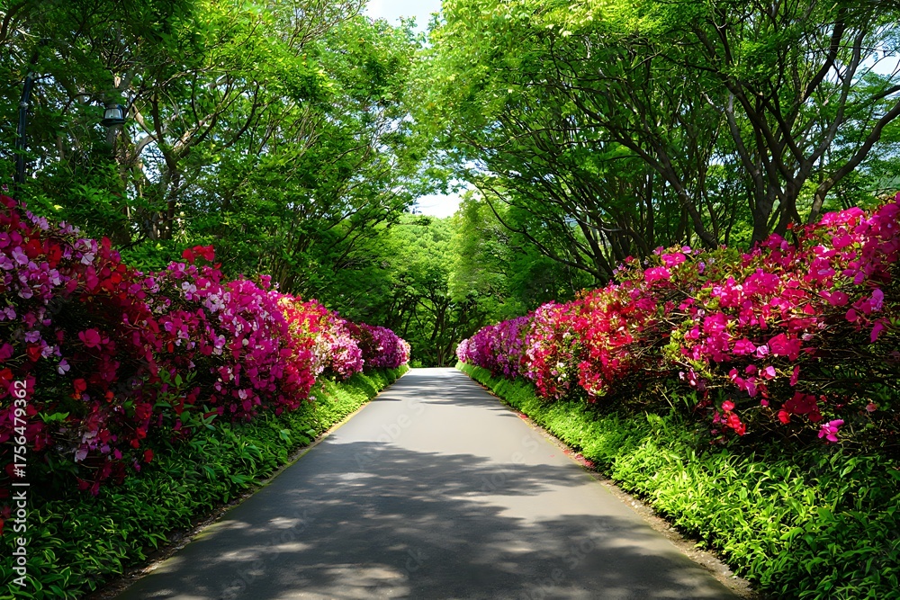 Fototapeta premium Pathway lined with colorful azalea bushes