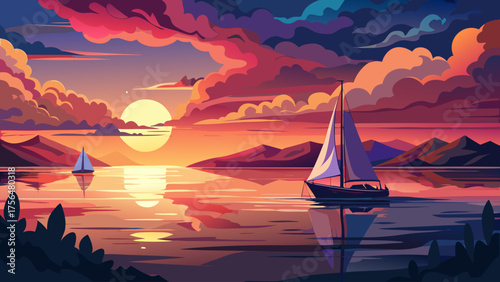 Very beautiful lone sailboat at sunset on a tranquil ocean, under a dramatic sky filled with glowing hues, symbolizing peace, solitude, and natural serenity over calm shimmering waters.