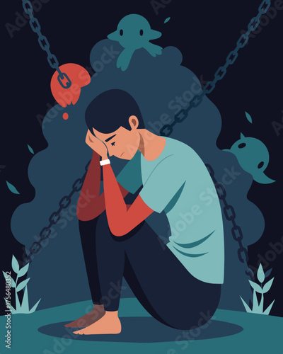 A person in the depths of addiction burdened by the invisible chains of their own selfdestruction and the manipulative tactics of their substance of choice.. Vector illustration