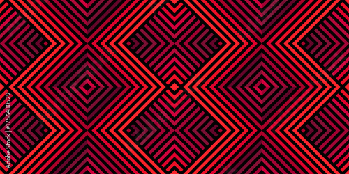 Vector geometric seamless pattern with neon red lines, zigzag stripes, chevron, square. Abstract sport style urban graphic texture. Trending background in retro Y2K style. Optical illusion effect